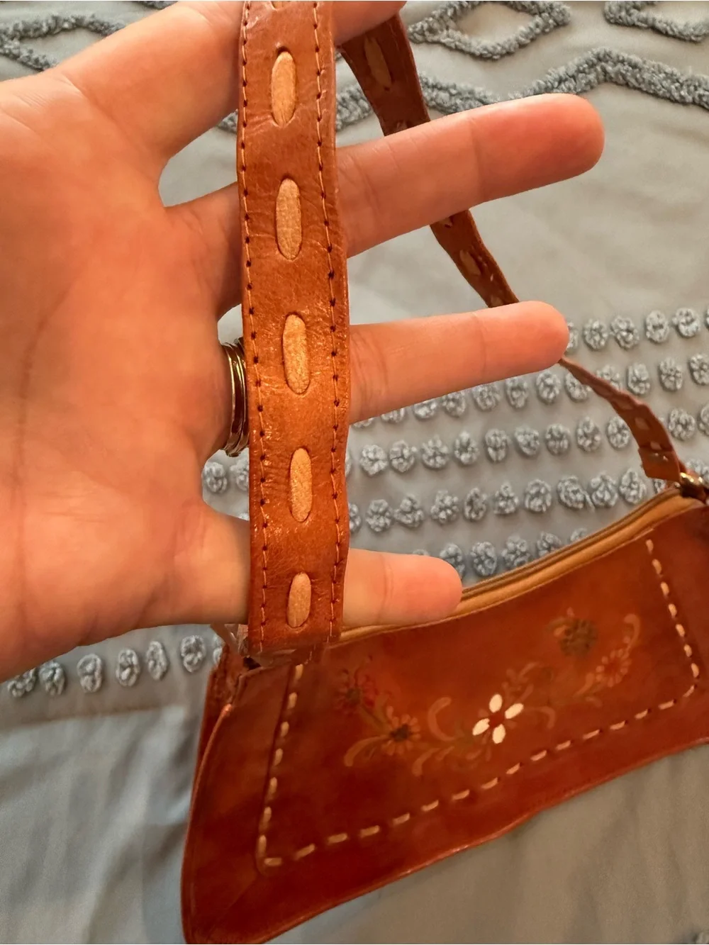 Vintage Hand-Painted Floral Leather Shoulder Bag